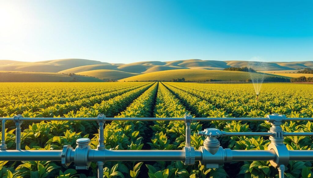 A highly detailed, technical illustration of an irrigation system design, showcasing a lush, verdant landscape. In the foreground, a network of pipes, valves, and sprinklers meticulously arranged to distribute water efficiently. The middle ground features a series of crops, their leaves glistening under the warm, golden sunlight. In the background, rolling hills and a clear blue sky, conveying a sense of harmony between the engineered system and the natural environment. The image should have a sharp, technical focus, with precise lines, angles, and proportions, yet maintain a visually appealing and aesthetically pleasing composition.