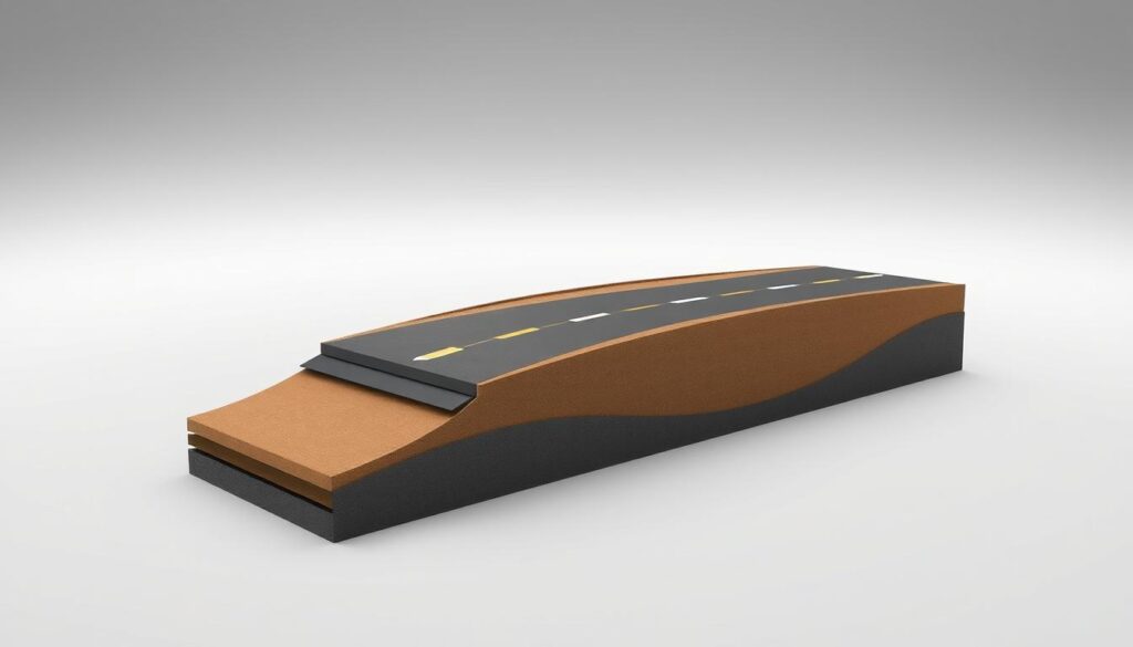 A highly detailed, technically accurate 3D render of a road profile design in AutoCAD Civil 3D. The scene is set in a clean, well-lit studio environment with a neutral background. The road profile is shown in a cutaway view, revealing the underlying terrain and design elements. The model showcases the various layers of the road structure, including the subgrade, base course, and surface layers. Precise dimensions, slopes, and curvatures are visible, highlighting the technical aspects of the design. The render has a realistic, photorealistic quality, with accurate materials and lighting to convey the professional, engineering-focused nature of the subject matter.