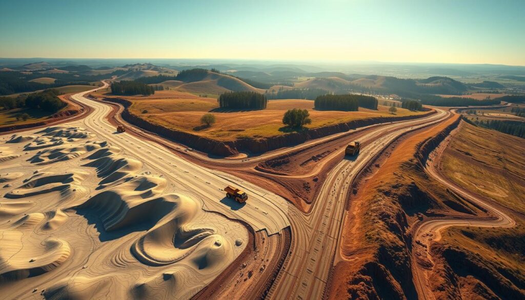 A highly detailed, wide-angled aerial view of an AutoCAD Civil 3D road grading scene. In the foreground, a rendering of a topographic map with contour lines, elevation data, and a road layout. In the middle ground, a 3D model of a road under construction, with earthmovers and grading equipment actively reshaping the terrain. The background features a panoramic landscape of rolling hills, trees, and a distant horizon. The scene is illuminated by warm, natural lighting with soft shadows, creating a sense of depth and realism. The overall atmosphere conveys the technical complexities and practical applications of road grading and earthwork calculations in civil engineering projects.