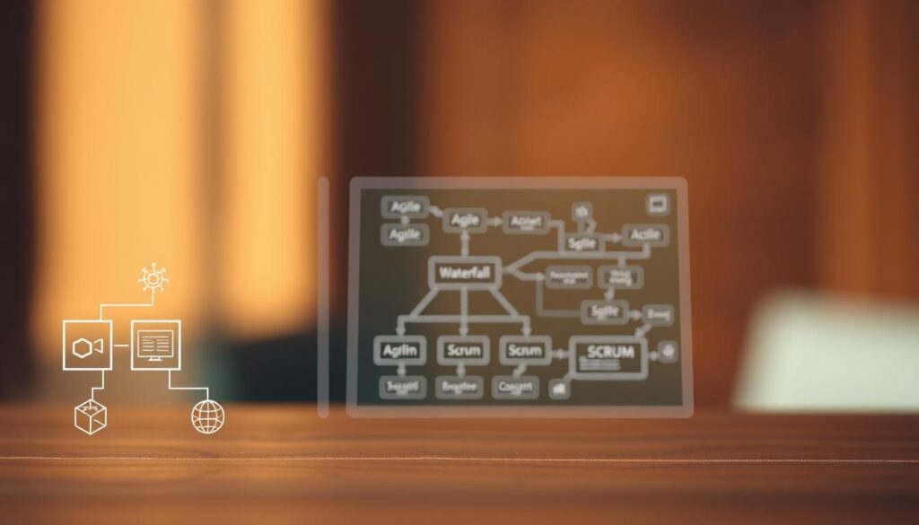 A holistic overview of project management methodologies, showcasing a variety of interconnected techniques and strategies. In the foreground, a clean and minimalist visual representation of popular frameworks such as Agile, Waterfall, and Scrum, depicted through geometric shapes and icons. The middle ground features a blueprint-like schematic, highlighting the key components and relationships between these methodologies. The background is a softly blurred gradient, evoking a sense of depth and professionalism. Warm, neutral lighting casts a subtle glow, creating a balanced and elegant composition suitable for an informative article on project management.