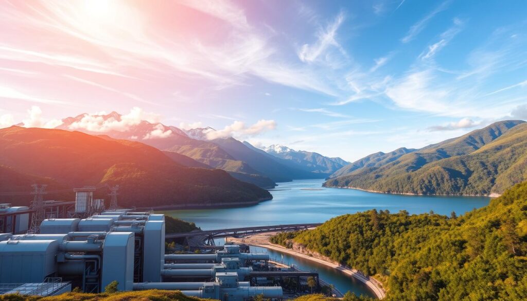 A hydroelectric power plant nestled amidst a lush, verdant landscape. In the foreground, sleek, modern turbines and generators hum with renewable energy. The middle ground features a serene reservoir, its surface reflecting the azure sky above. In the background, towering mountains rise, their peaks capped with snow. Warm, golden sunlight filters through wispy clouds, casting a soft, natural glow over the entire scene. The atmosphere is one of harmonious integration between technology and nature, showcasing the sustainable and environmentally-conscious future of hydroelectric engineering.