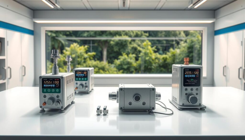A laboratory-like setting with cutting-edge environmental monitoring sensors arranged in a visually appealing, futuristic display. Sleek, metallic devices with digital readouts, status indicators, and sensor arrays positioned on a minimalist, white-paneled workbench. Soft, directional lighting from above casts a warm glow, highlighting the precision engineering and technological sophistication of the instruments. In the background, a panoramic window overlooks a lush, verdant landscape, symbolizing the harmonious integration of advanced monitoring systems with the natural environment. The overall scene conveys a sense of innovative, sustainable progress in environmental engineering.