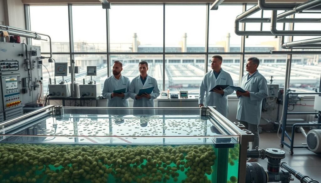 A laboratory setting showcasing cutting-edge wastewater treatment technologies. In the foreground, a transparent bioreactor tank teeming with microorganisms and advanced filtration membranes. Surrounding it, an array of monitoring instruments, control panels, and sleek piping systems. In the middle ground, engineers in lab coats observing the process, clipboards in hand, their expressions contemplative. The background features a panoramic window overlooking a modern treatment facility, its impressive infrastructure bathed in warm, diffused lighting. The scene conveys a sense of scientific innovation, environmental responsibility, and the tireless pursuit of sustainable water management solutions.