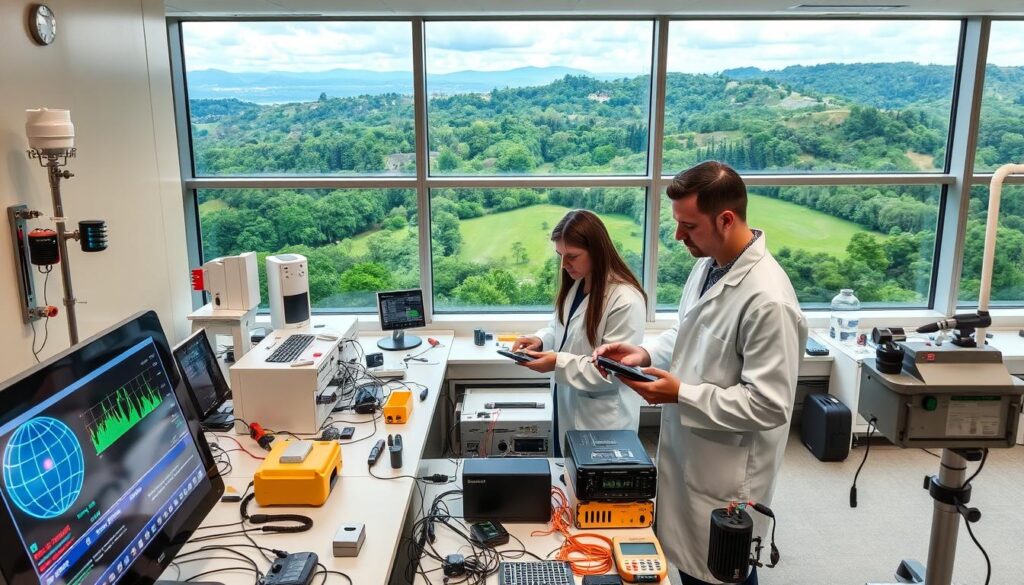 A laboratory setting with an array of environmental monitoring instruments and sensors. In the foreground, a sleek digital display panel showcases real-time data visualizations from a network of remote sensing devices. In the middle ground, a trio of technicians in white lab coats analyze readings and adjust calibrations on a range of specialized equipment, including handheld analyzers, weatherproof dataloggers, and wireless transmitters. The background features a panoramic view of a lush, verdant landscape through large panoramic windows, conveying a sense of the natural world being meticulously observed and protected by cutting-edge environmental technologies.