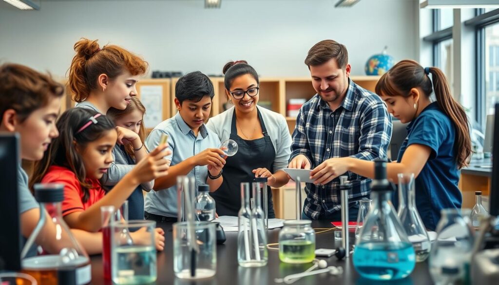 A laboratory setting with scientific instruments and apparatus - test tubes, beakers, microscopes, and computers. In the foreground, a group of diverse students engaged in hands-on experiments, their faces alight with curiosity and discovery. The middle ground features a teacher guiding the students, demonstrating principles of physics, chemistry, or biology. The background shows a well-equipped STEM classroom, with posters and diagrams on the walls, and large windows letting in natural light. The overall scene conveys the excitement and collaborative nature of integrating science into an engineering education.