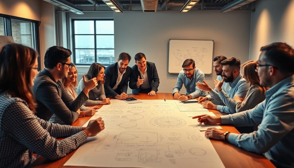A large conference table surrounded by diverse stakeholders engaged in lively discussion, with technical diagrams and whiteboard sketches in the foreground. Warm, directional lighting casts a collaborative atmosphere, with clean, modern industrial decor in the background. Stakeholders lean forward, gesturing animatedly, working together to map out a comprehensive stakeholder engagement plan. The scene conveys a sense of dynamic teamwork and open communication essential for successful project implementation.