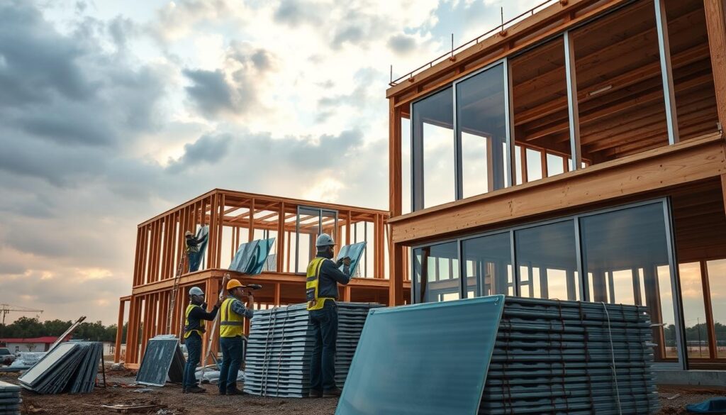 A large construction site with a partially completed two-story building. In the foreground, a team of workers carefully installing impact-resistant hurricane glazing panels onto the building's frame. The workers are wearing hard hats and safety gear, using specialized tools to secure the panels tightly. In the middle ground, additional glazing panels are stacked and ready for installation. The background features a cloudy sky with the faint silhouette of a distant hurricane looming on the horizon, conveying a sense of urgency and the need for resilient construction. The scene is illuminated by warm, natural lighting, casting long shadows across the site and highlighting the intricate process of hurricane-resistant glazing installation.