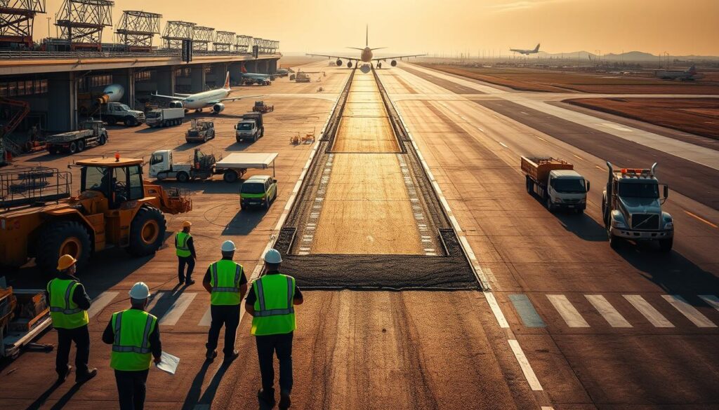 A large construction site with heavy machinery and workers in fluorescent vests diligently working on the resurfacing of a busy airport runway. In the foreground, a team of engineers closely inspect the pavement, taking measurements and making notes. In the middle ground, a massive paving machine lays down fresh asphalt, surrounded by trucks and construction vehicles. In the background, the existing runway stretches out, with aircraft taking off and landing in the distance. The scene is illuminated by warm, directional sunlight, casting long shadows and highlighting the intricate details of the ongoing project. The atmosphere conveys a sense of precision, efficiency, and the critical importance of runway maintenance for safe and reliable air travel.