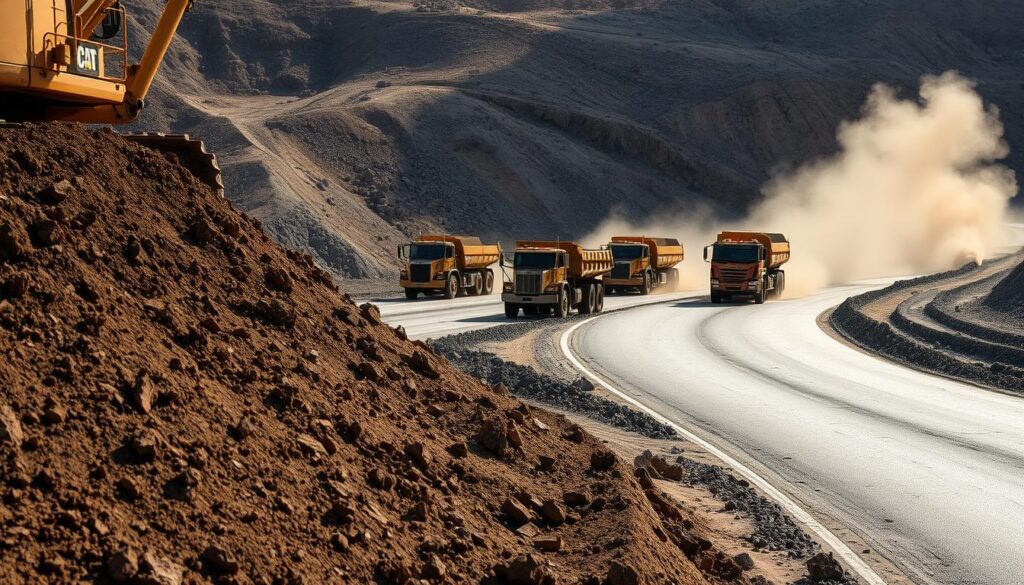 A large construction site, with heavy machinery engaged in the road-building process. In the foreground, a powerful excavator digs into the earth, exposing the layers of soil and rock. In the middle ground, a fleet of dump trucks haul away the debris, their tires kicking up clouds of dust. In the background, a paving machine lays down a smooth layer of fresh asphalt, shaping the foundation of the new road. Overhead, the sun casts a warm, golden glow, highlighting the intricate details of the construction. The scene conveys a sense of progress and the relentless effort required to build a durable, long-lasting road.