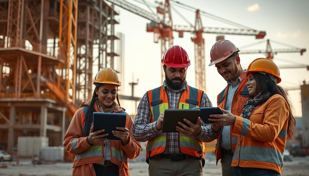 A large construction site with towering cranes and heavy machinery in the background, symbolizing technological advancements. In the foreground, workers of diverse backgrounds collaborate using tablets and augmented reality interfaces, showcasing the human element adapting to construction tech innovations. Warm lighting filters through the scene, creating a sense of progress and evolution. The composition emphasizes the harmonious integration of people and technology, conveying the workforce implications of construction tech innovations.