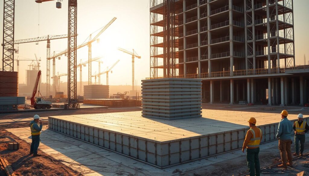 A large construction site, with towering cranes and scaffolding in the background. In the foreground, a 3D printer extrudes layers of concrete, effortlessly shaping the foundation of a new building. The scene is bathed in warm, golden sunlight, casting long shadows across the site. Workers in hardhats observe the process, marveling at the precision and speed of the 3D printing technology. The atmosphere is one of innovation and progress, as the traditional methods of construction give way to a more efficient, automated future.