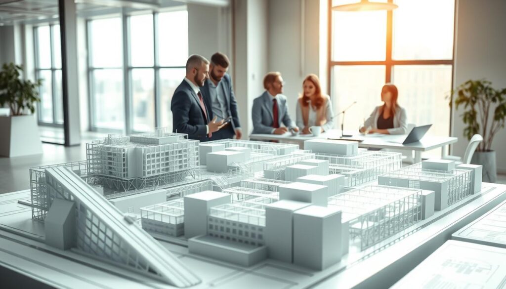 A large, detailed 3D BIM model of a civil engineering project prominently displayed in the foreground, showcasing its intricate design and complex components. In the middle ground, a group of stakeholders (engineers, architects, clients) gathered around a table, actively discussing and collaborating on the project using the BIM model as a visual aid. The background depicts a modern, well-lit office space with large windows, conveying a sense of professionalism and transparency. Bright, diffused lighting illuminates the scene, creating a warm, collaborative atmosphere. The overall composition emphasizes the centrality of the BIM model in facilitating effective communication and coordination among all stakeholders involved in the civil engineering design process.
