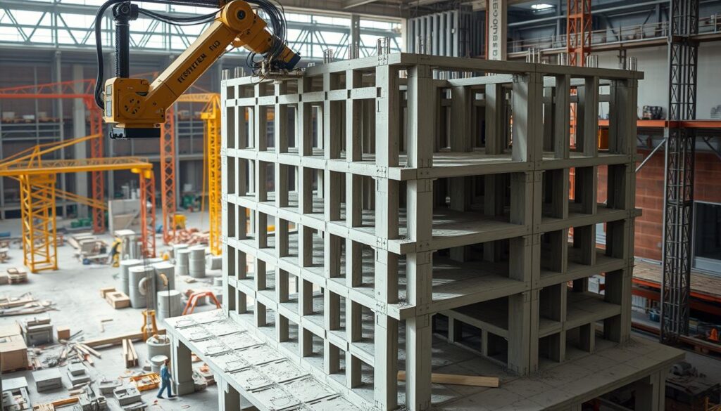 A large industrial 3D printer constructing a multi-story building frame, with reinforced concrete being extruded layer by layer. The printer's robotic arm moves precisely, guided by a complex digital model. In the background, a bustling construction site with workers and cranes, showcasing the integration of this cutting-edge technology into traditional building practices. Warm, directional lighting illuminates the scene, highlighting the textures of the concrete and the mechanical precision of the 3D printer. The overall atmosphere conveys the transformative potential of 3D printing in revolutionizing the construction industry.