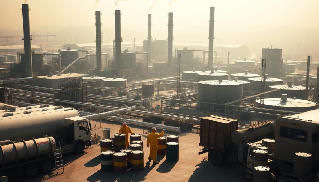 A large industrial complex with towering chimneys and storage tanks, surrounded by a winding network of pipes and containment areas. In the foreground, workers in hazmat suits meticulously handle barrels of hazardous waste, transferring the contents into specialized trucks for transportation and disposal. The scene is lit by harsh overhead lighting, casting long shadows and creating a sense of urgency. The background is hazy, with a sense of environmental concern lingering in the air. The overall composition conveys the critical importance of proper hazardous waste management to protect both human health and the ecosystem.
