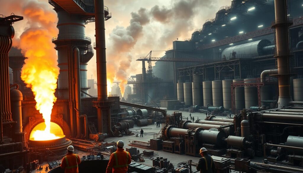 A large industrial facility with a blast furnace, rolling mill, and other metallurgical equipment. In the foreground, a team of engineers in protective gear oversees the production process, carefully monitoring gauges and controls. The middle ground features towering stacks belching billowing plumes of steam and smoke, casting an intense, fiery glow across the scene. In the background, a sprawling network of pipework, cranes, and storage silos showcase the scale and complexity of modern metallurgical engineering. The lighting is dramatic, with stark shadows and highlights emphasizing the rugged, utilitarian nature of the equipment. The overall atmosphere conveys the power, precision, and technical prowess required to shape the materials that define our world.