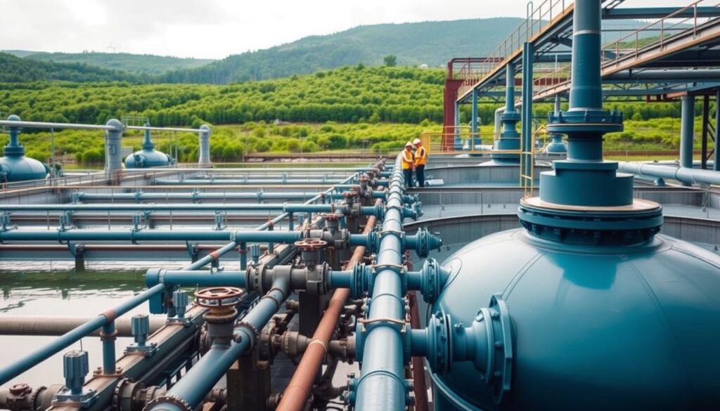 A large industrial facility with modern wastewater treatment equipment, including clarifiers, bioreactors, and sedimentation tanks. The foreground shows a network of pipes and valves, conveying the flow of treated water. In the middle ground, workers in protective gear monitor the process, ensuring efficient and sustainable operations. The background features a lush, green landscape, symbolizing the environmental consciousness of this facility. The lighting is soft and diffused, creating a serene atmosphere that conveys the importance of responsible wastewater management. The camera angle is slightly elevated, offering a comprehensive view of the sustainable practices in action.