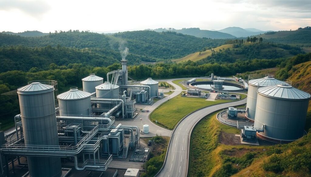 A large, industrial water treatment plant nestled in a lush, green landscape. The foreground showcases the various components: towering steel tanks, intricate pipework, and mechanical structures. The middle ground features a wide, paved access road winding through the facility, with workers tending to the equipment. In the background, rolling hills and a cloudy, diffused sky create a sense of scale and environmental context. The lighting is warm and natural, highlighting the industrial textures and the integration of the plant within the natural surroundings. The overall scene conveys a sense of efficiency, functionality, and environmental stewardship in the design and operation of this vital infrastructure.