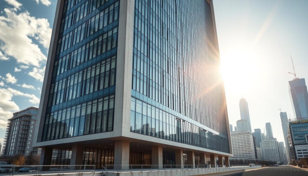 A large, modern building with a sleek, contemporary design stands tall against a backdrop of a city skyline. The structure features advanced earthquake-resistant technologies, including base isolators that decouple the building from the ground, absorbing seismic vibrations. The facade is composed of reinforced concrete and glass, creating a visually striking and structurally resilient appearance. Sunlight streams through the expansive windows, illuminating the interior spaces and highlighting the building's engineered resilience. The scene conveys a sense of safety, security, and the importance of thoughtful, earthquake-resistant architectural design.