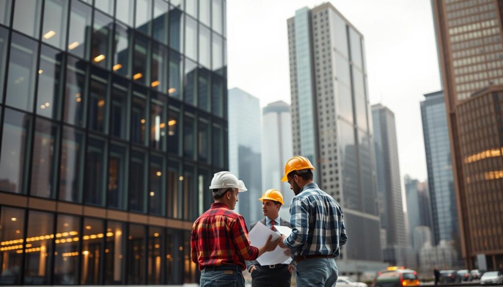 A large, modern glass-enclosed office building stands in the foreground, its sleek facade reflecting the surrounding cityscape. In the middle ground, engineers in hard hats examine blueprints and confer, discussing the intricacies of the glazing system. The background is filled with towering skyscrapers, suggesting a bustling urban environment. Warm, diffused lighting illuminates the scene, casting subtle shadows and highlighting the transparency of the glass. The overall atmosphere conveys a sense of technical expertise, innovation, and the harmonious integration of architecture and engineering.