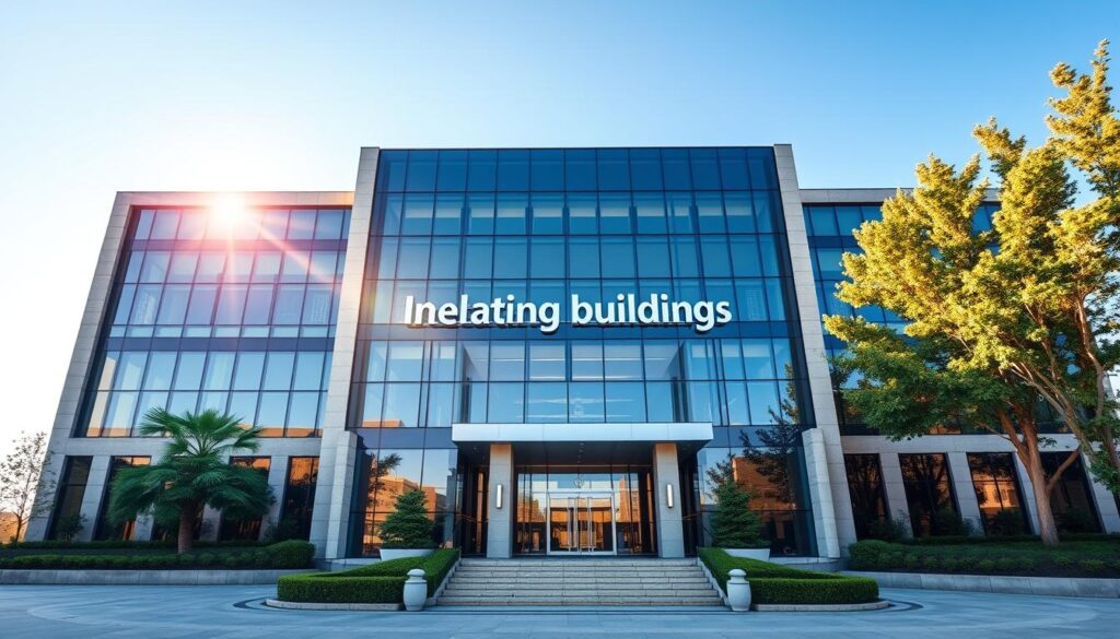 A large, modern office building with a minimalist, glass-and-steel facade stands prominently against a clear blue sky. Gleaming signage on the facade reads "International Building Codes". The building's entrance is flanked by impressive stone columns, and lush landscaping adorns the surrounding plaza. Sunlight streams through the building's expansive windows, casting a warm, professional atmosphere. The scene conveys a sense of authority, global reach, and adherence to comprehensive standards in the world of civil engineering and construction.