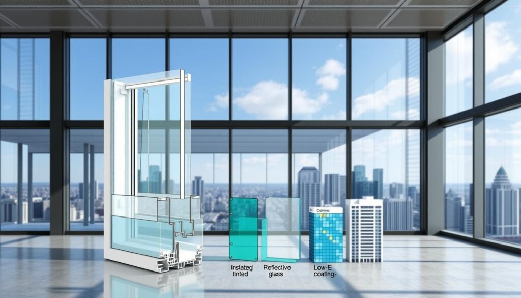 A large, modern office with floor-to-ceiling windows, showcasing a variety of glazing systems. In the foreground, a detailed cross-section of a double-glazed window unit, highlighting the insulating cavity and coatings. In the middle ground, a comparison of different glazing materials, such as tinted, reflective, and low-E glass, each with their associated cost and performance attributes. In the background, a landscape of high-rise buildings, demonstrating the diverse applications of these glazing systems and their impact on the overall building design and energy efficiency.