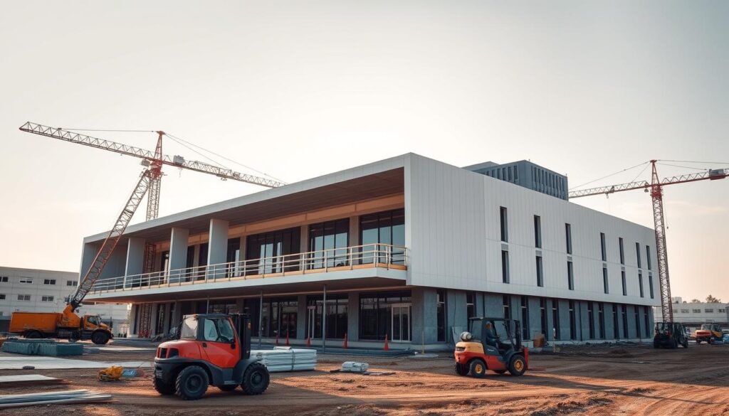 A large, modern prefab building being constructed on a sunny construction site. In the foreground, workers carefully assemble the modular components, using specialized tools and machinery. In the middle ground, cranes and forklifts transport additional prefab sections into place. The background features a partially completed building, its sleek, contemporary design showcasing the efficiency of the prefab approach. Soft, directional lighting illuminates the scene, creating a sense of organized productivity. The overall atmosphere conveys the streamlined, precise nature of the prefab building process.