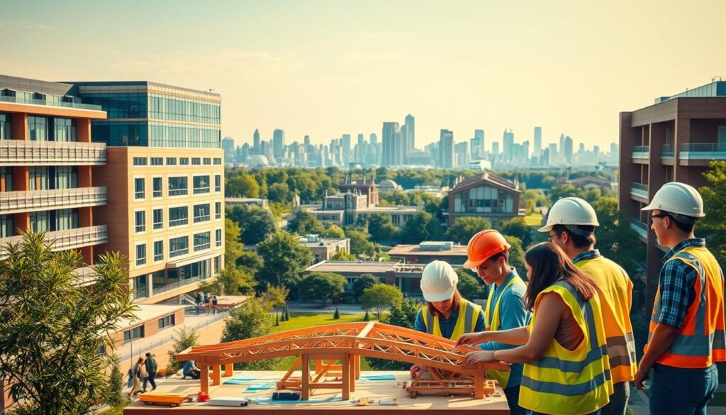 A large, modern university campus with a focus on civil engineering education. In the foreground, a group of students in hard hats and safety vests engaged in a hands-on project, constructing a scale model of a bridge or building. In the middle ground, the campus library and several academic buildings with contemporary architecture, surrounded by lush greenery. In the background, the skyline of a thriving city, hinting at the diverse career opportunities for civil engineers. The scene is bathed in warm, natural lighting, conveying a sense of productivity, innovation, and the pursuit of knowledge.