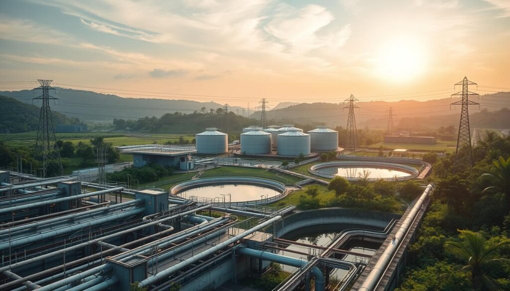 A large, modern wastewater treatment facility nestled in a lush, verdant landscape. In the foreground, intricate piping systems and mechanical equipment quietly hum, processing a steady flow of wastewater. The middle ground features towering concrete tanks and settling ponds, where organic matter is separated and treated. In the background, a network of transmission lines and communication towers oversee the facility's operations, creating a sense of technological efficiency. Warm, diffused sunlight filters through wispy clouds, casting a soft, ambient glow over the entire scene. The overall atmosphere conveys a well-engineered, environmentally conscious approach to managing waste, in service of a sustainable future.