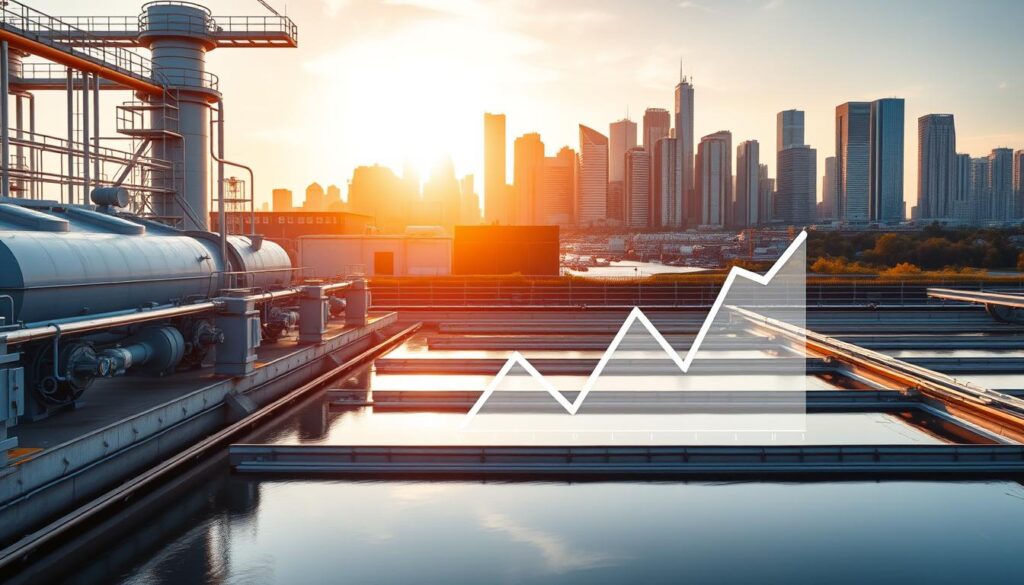 A large, modern wastewater treatment facility stands in the foreground, its efficient machinery and clean lines conveying a sense of technological innovation. In the middle ground, a graph or chart displays data visualizing the cost savings achieved through the facility's advanced treatment processes. The background features a cityscape with towering skyscrapers, symbolizing the broader economic and environmental impact of effective wastewater management. The scene is bathed in a warm, golden light, creating a mood of progress and prosperity. The overall image suggests the strategic value of investing in cutting-edge wastewater treatment solutions.