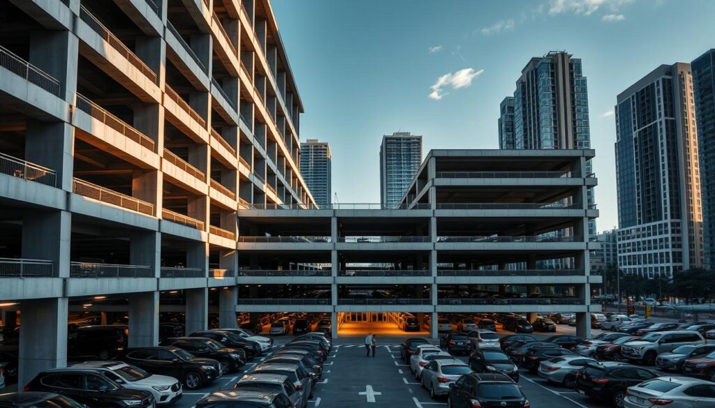 A large, multi-level parking structure with a modern, minimalist design. The façade features a grid of concrete beams and columns, casting dramatic shadows and highlighting the building's architectural elements. In the foreground, neatly organized rows of vehicles fill the parking spaces, while in the middle ground, pedestrians navigate the well-lit walkways and entry points. The background showcases the structure's integration with the surrounding urban landscape, with tall buildings and a clear sky creating a sense of scale and depth. The lighting is a combination of natural illumination and strategically placed, energy-efficient fixtures, ensuring visibility and safety for all users.