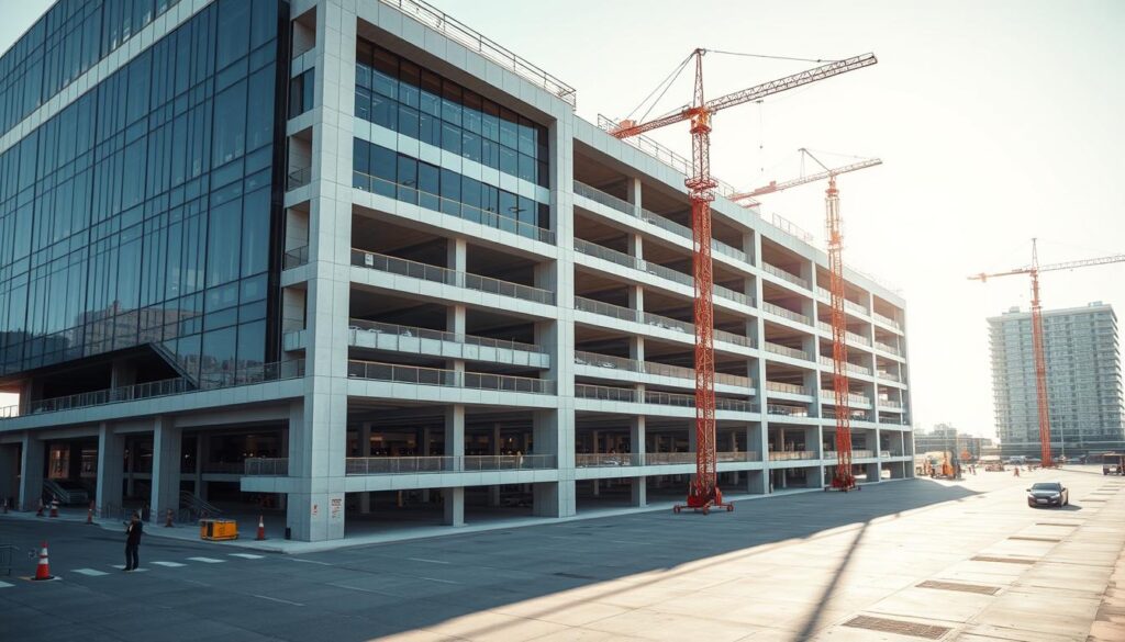 A large, multi-story parking facility under construction, with a modern, minimalist architectural design. The structure features a clean, geometric facade, with a mix of glass, steel, and concrete materials. Cranes and construction equipment are visible, creating a sense of dynamic progress. The lighting is bright and evenly distributed, casting long shadows on the ground. The overall atmosphere conveys efficiency, functionality, and attention to detail in the design and engineering of the parking facility.