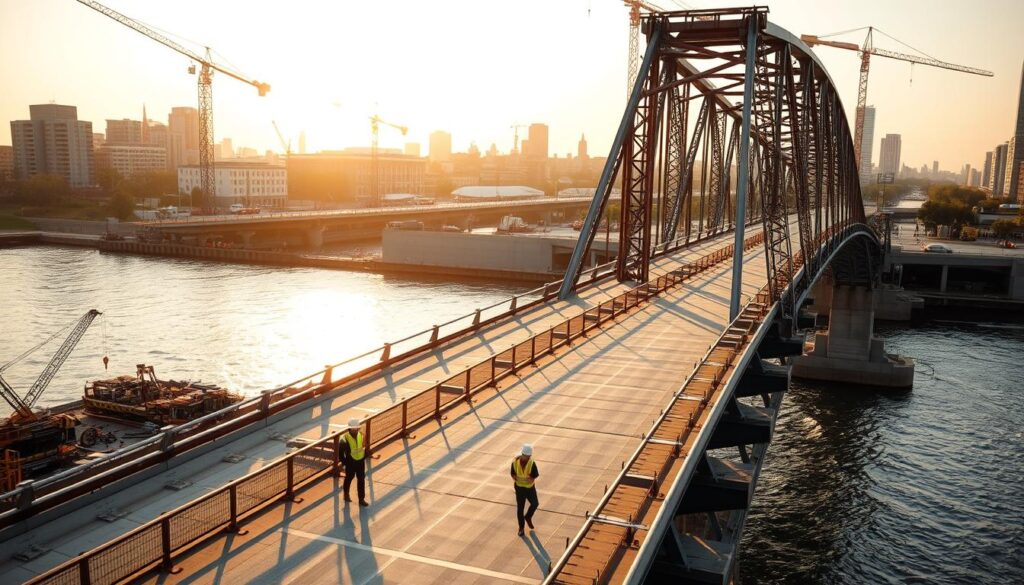 A large pedestrian bridge under construction, spanning a busy urban river. The structure is made of steel beams and concrete, with a graceful arched design that blends with the surrounding cityscape. Construction workers in hard hats and reflective vests move along the partially completed deck, carefully laying down the walkway surface. Cranes and other heavy machinery stand on the riverbanks, working to hoist and assemble the bridge's components. Warm, golden sunlight filters through the scene, casting long shadows and highlighting the textures of the materials. The overall atmosphere conveys a sense of progress, efficiency, and the steady transformation of the urban landscape.
