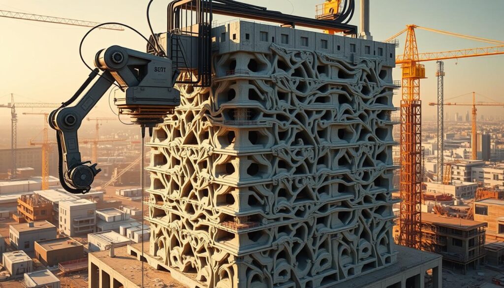 A large-scale 3D printer constructing a futuristic, multi-story building with intricate architectural details. The printer's robotic arm extrudes layers of concrete with precision, creating a visually striking, organic structure that seamlessly blends with the surrounding cityscape. The scene is illuminated by warm, natural lighting, casting dynamic shadows and highlighting the textural qualities of the building materials. In the background, a bustling construction site with cranes and scaffolding sets the stage for the cutting-edge technology at work. The atmosphere conveys a sense of innovation, efficiency, and the promise of a new era in construction.