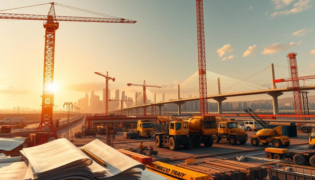 A large-scale infrastructure development project in Africa, showcasing a bustling construction site with towering cranes, heavy machinery, and a team of hardworking engineers and laborers. The scene is bathed in warm, golden sunlight, creating a sense of progress and optimism. In the background, a modern skyline of gleaming skyscrapers and bridges emerges, symbolizing the continent's transformation. The foreground features intricate details of construction materials, blueprints, and technical equipment, highlighting the technological advancements driving this ambitious project. The overall atmosphere conveys a sense of dynamism, innovation, and the continent's unwavering commitment to building a better future.