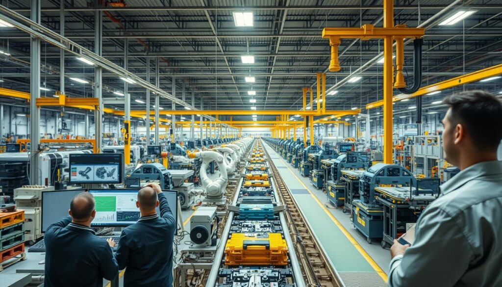 A large-scale manufacturing plant, its industrial machinery and assembly lines in full operation. In the foreground, a team of engineers closely monitor production data on high-resolution displays, analyzing key metrics and performance indicators. The middle ground features intricate robotic arms gracefully maneuvering components, while the background showcases a complex network of conveyor belts, storage silos, and logistics hubs. Diffused, overhead lighting casts a warm, productivity-focused glow across the entire scene. The atmosphere exudes a sense of technological sophistication, process optimization, and streamlined efficiency - the hallmarks of a world-class manufacturing operation.