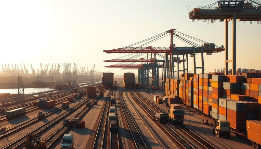 A large-scale, modern shipping port with towering cranes and cargo containers stacked high, stretching into the distance. The scene is illuminated by warm, golden-hour sunlight, casting long shadows across the bustling activity. In the foreground, a network of railway tracks, forklifts, and trucks efficiently move freight, while in the middle ground, massive container ships are being loaded and unloaded with precision. The background features a skyline of towering silos, warehouses, and industrial facilities, conveying the scale and importance of this critical transportation hub. The overall atmosphere is one of efficient, well-orchestrated logistics, showcasing the key components of freight transport engineering.