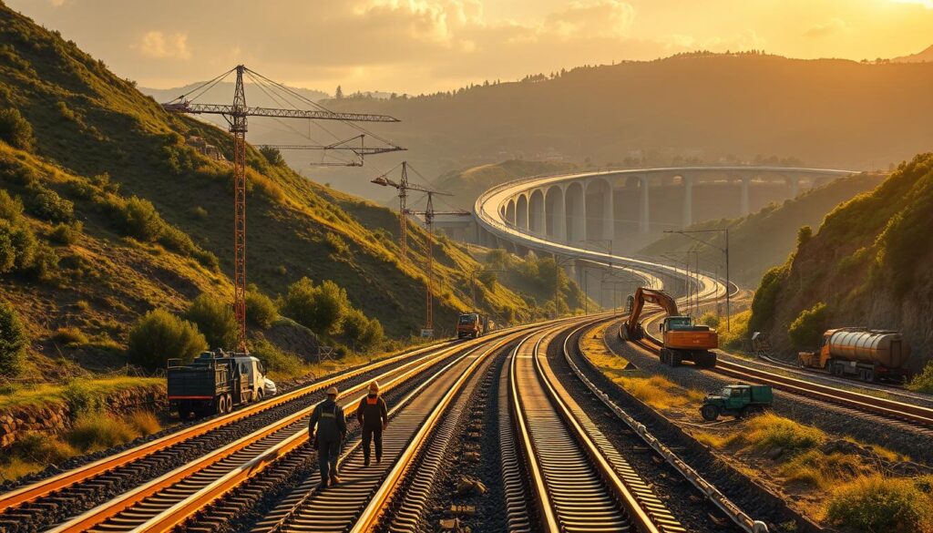 A large-scale rail construction site nestled amidst rolling hills and lush greenery. In the foreground, a team of hardhat-clad workers diligently lay down gleaming steel tracks, their movements captured in a dynamic, cinéma vérité style. In the middle ground, towering cranes and earthmovers collaborate to elevate the nascent railway, their powerful hydraulic arms cutting through the earth with precision. In the distance, a winding, serpentine viaduct emerges, its arched concrete spans casting dramatic shadows across the landscape. The scene is bathed in warm, golden-hour lighting, evoking a sense of progress and determination as this ambitious rail project takes shape.