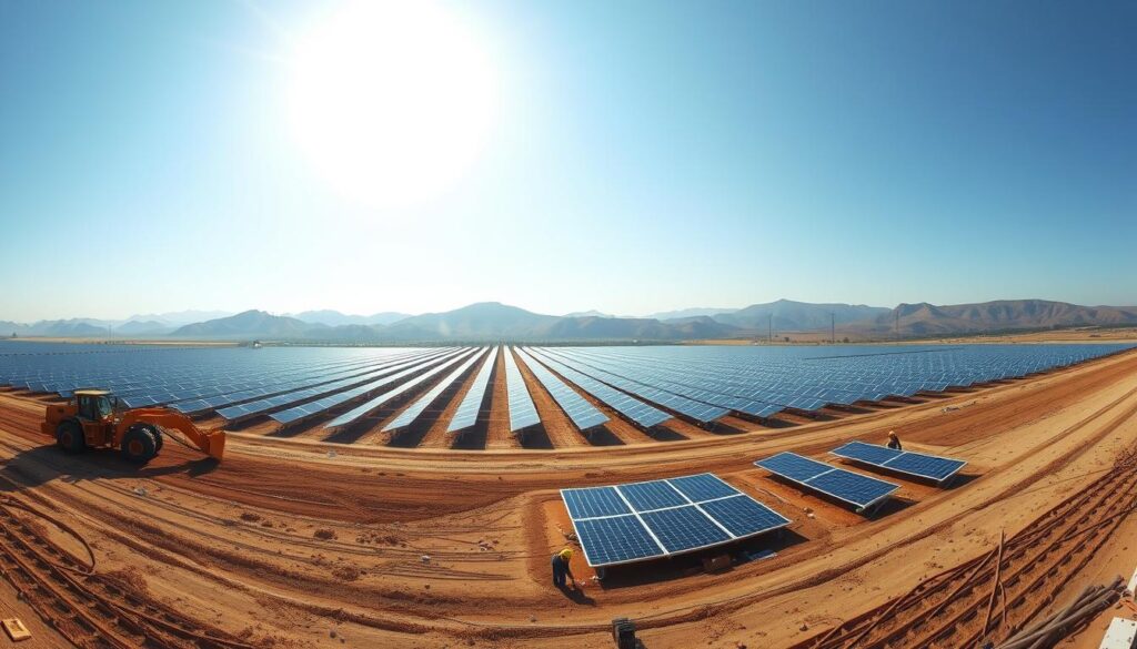 A large-scale solar farm construction site, captured in a panoramic view. In the foreground, workers in protective gear operate heavy machinery, carefully laying down solar panels on the meticulously prepared ground. The middle ground showcases the gradual assembly of the solar farm infrastructure, with rows of solar arrays taking shape against a backdrop of rolling hills and a clear, azure sky. The lighting is natural, with the sun casting warm, golden hues across the scene, creating a sense of progress and innovation. The camera angle is slightly elevated, providing a comprehensive overview of the construction phases, from site preparation to panel installation, conveying the scope and scale of this renewable energy project.