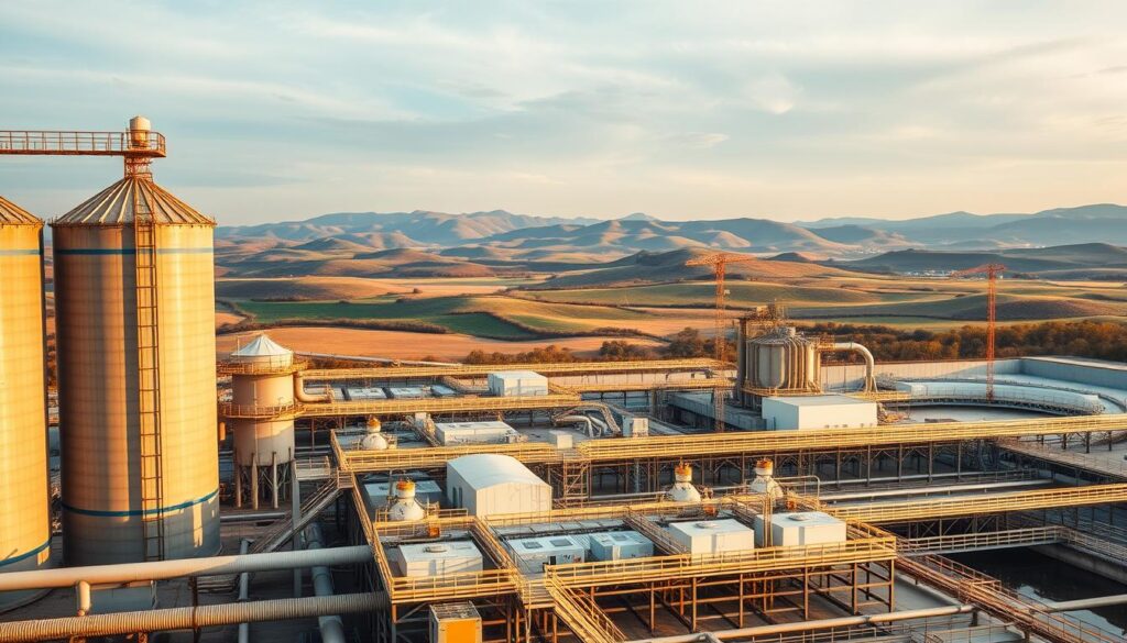A large-scale water treatment facility set against a picturesque landscape. In the foreground, towering silos and pipelines convey the industrial might of the infrastructure. The middle ground features a network of maintenance walkways, control rooms, and backup generators, all bathed in warm, golden lighting. In the background, rolling hills and a cloudless sky create a sense of tranquility, underscoring the harmonious integration of technology and nature. The composition emphasizes the scale, complexity, and efficiency of the water management system, capturing the essence of reliable heavy civil construction services.