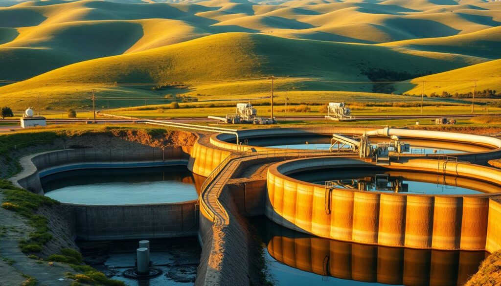 A large water storage facility with multiple interconnected underground reservoirs, designed for managed aquifer recharge. The foreground depicts a series of injection wells, allowing water to be pumped underground. In the middle ground, a network of pipes and monitoring equipment manages the water flow and level. The background showcases a lush, green landscape with rolling hills, indicating a natural, sustainable approach to groundwater replenishment. The scene is bathed in warm, golden lighting, conveying a sense of efficiency and environmental harmony. The overall composition emphasizes the technological and ecological integration of this aquifer recharge system.