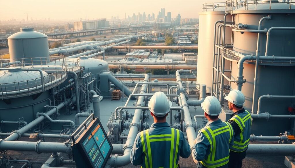 A large water treatment plant with complex piping systems, storage tanks, and monitoring equipment. In the foreground, a team of engineers and technicians in hard hats and safety gear examining a control panel, analyzing data and discussing risk mitigation strategies. The middle ground shows the intricate network of pipes, valves, and sensors that distribute water throughout the city. In the background, a panoramic view of the urban skyline, emphasizing the critical role of the water supply network in supporting the community. Soft, warm lighting illuminates the scene, conveying a sense of diligence and purpose in managing the risks inherent in this vital infrastructure.