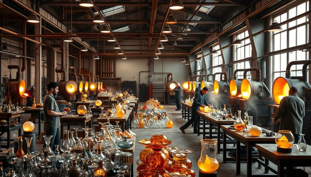 A large, well-lit glass workshop filled with intricate glassblowing equipment and tools. In the foreground, skilled craftspeople delicately manipulate molten glass, shaping it with precision. The middle ground showcases various glass objects in different stages of production, from raw materials to finished products. In the background, a row of industrial furnaces emit a warm, amber glow, illuminating the entire scene. The atmosphere is one of focused concentration and centuries-old techniques passed down through generations of artisans. Soft, diffused lighting creates depth and highlights the transparency and fluidity of the glass.