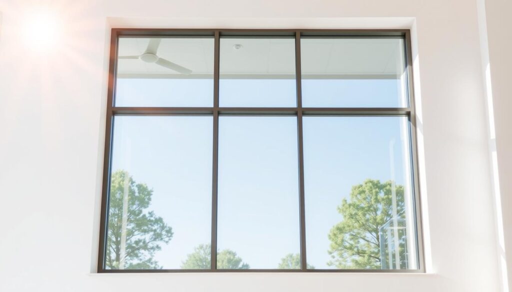 A large window with a modern, sleek design, showcasing the importance of UV protection in buildings. The glass panes appear to be tinted or coated, reflecting the sun's rays and preventing harmful UV light from entering the interior. The window is positioned in a well-lit, airy room, allowing natural light to flood the space while effectively blocking UV radiation. The frame is made of high-quality, durable materials, blending seamlessly with the overall architectural style. The scene conveys a sense of comfort, energy efficiency, and a commitment to health and well-being within the built environment.