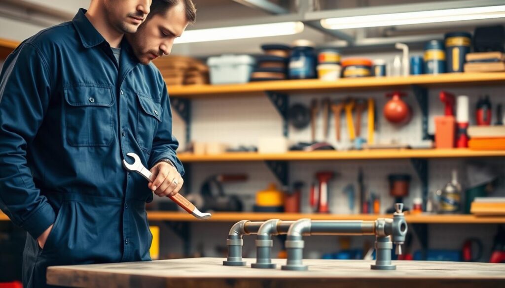 A licensed plumber standing in a neatly organized workshop, wearing a navy blue jumpsuit with the company logo emblazoned on the chest. The plumber holds a wrench in one hand, examining a set of pipes on a workbench illuminated by warm, overhead lighting. Behind the plumber, shelves line the walls, stocked with an array of plumbing tools and supplies. The scene conveys a sense of professionalism, expertise, and attention to detail, reflecting the importance of understanding plumbing codes and regulations.
