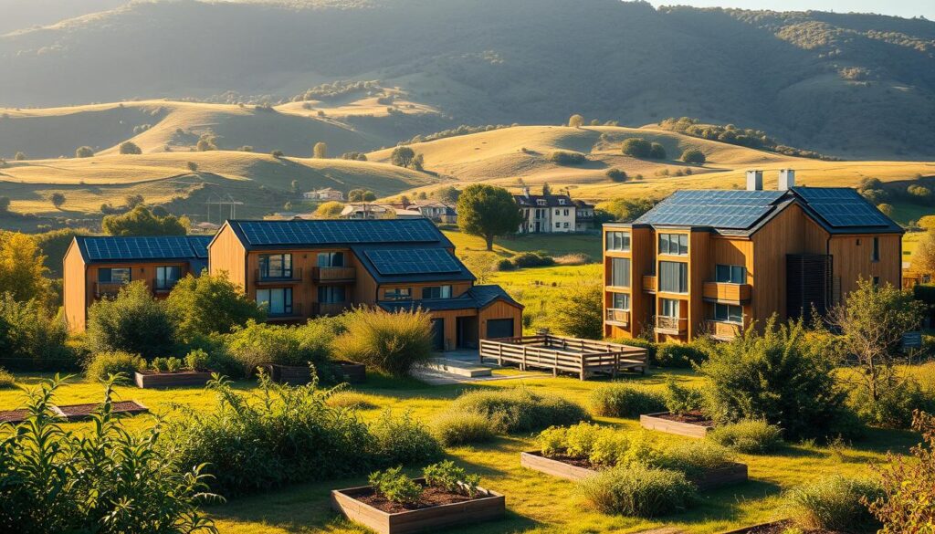 A low-rise, solar-powered apartment complex nestled in a lush, verdant landscape. The buildings feature sustainable materials like bamboo, recycled plastics, and solar panels integrated seamlessly into the architecture. In the foreground, a communal garden with raised planting beds and a rainwater harvesting system. In the middle ground, a cluster of energy-efficient homes with large windows and balconies that maximize natural light and airflow. In the background, rolling hills dotted with native trees and shrubs, creating a picturesque, eco-friendly setting. The scene is bathed in warm, golden sunlight, conveying a sense of tranquility and environmental harmony.