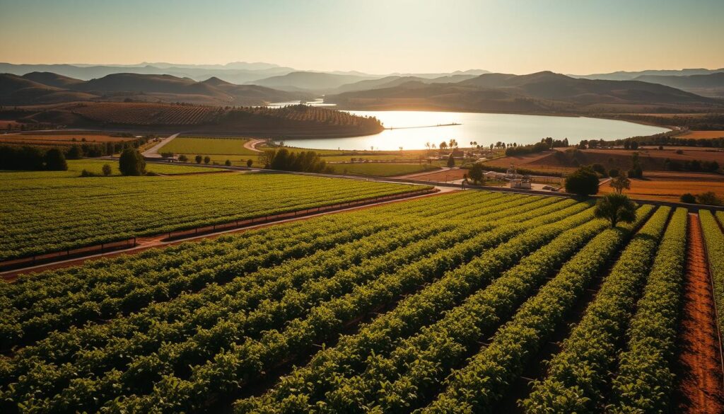 A lush agricultural landscape bathed in warm, golden sunlight. In the foreground, a well-tended field of crops flourishes, irrigated by a intricate network of channels and canals. In the middle ground, a large reservoir glistens, its calm waters reflecting the surrounding hills and trees. In the background, rolling hills dotted with orchards and vineyards stretch out towards the horizon. The scene conveys a harmonious balance between human management and natural resources, with precision engineering and sustainable practices enabling abundant agricultural productivity. Captured with a wide-angle lens to showcase the scope and scale of this water-centric ecosystem.