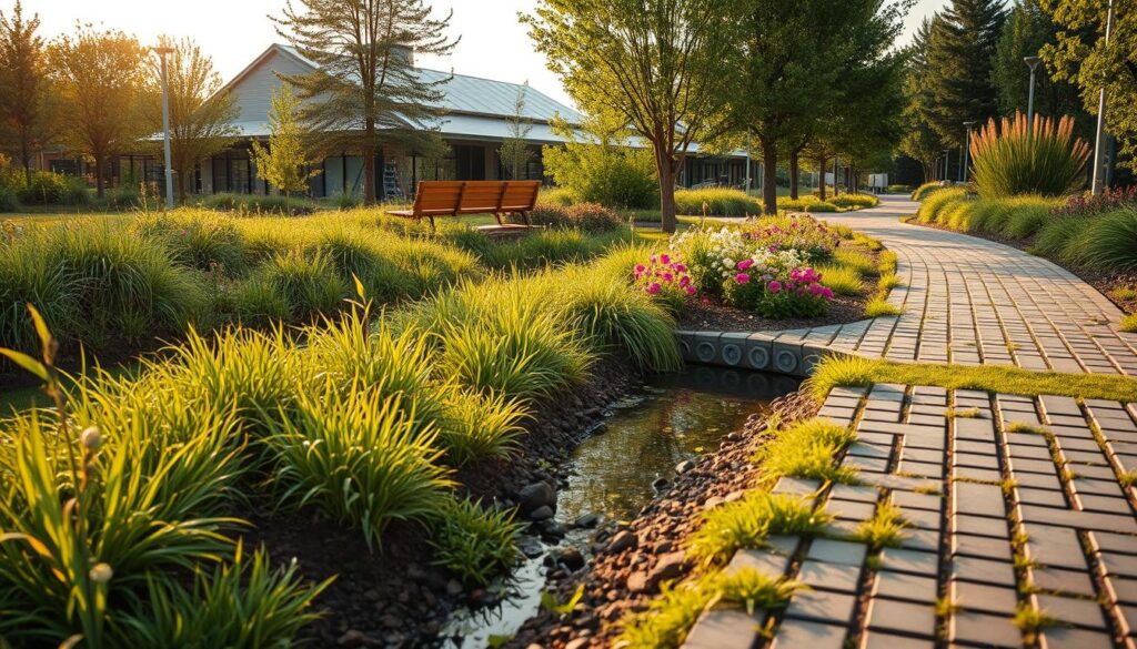A lush, biodiverse landscape showcasing sustainable stormwater solutions. In the foreground, a swale system channels rainwater into a naturalized detention basin, surrounded by native grasses and wildflowers. Midground, permeable pavers line a pedestrian pathway, allowing water infiltration. In the background, a green roof system caps a modern, energy-efficient building, its solar panels glinting in the warm, diffused sunlight. The scene exudes a tranquil, harmonious atmosphere, where natural and built elements coexist in balance, demonstrating smart, eco-friendly design principles for stormwater management.