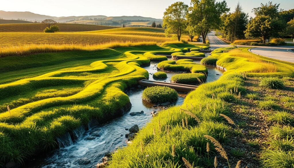A lush, green landscape with a network of gently sloping swales, bioretention ponds, and permeable paving. In the foreground, water cascades through a series of interconnected rain gardens, their vibrant vegetation filtering and absorbing stormwater runoff. The middle ground features a sustainable drainage system, with strategically placed gravel-filled trenches and underground storage tanks that capture and slowly release water, preventing flooding and promoting groundwater recharge. In the background, a horizon of rolling hills and mature trees, symbolizing the integration of natural ecosystems. The scene is illuminated by warm, golden sunlight, creating a serene and harmonious atmosphere that showcases the beauty and functionality of sustainable drainage solutions.