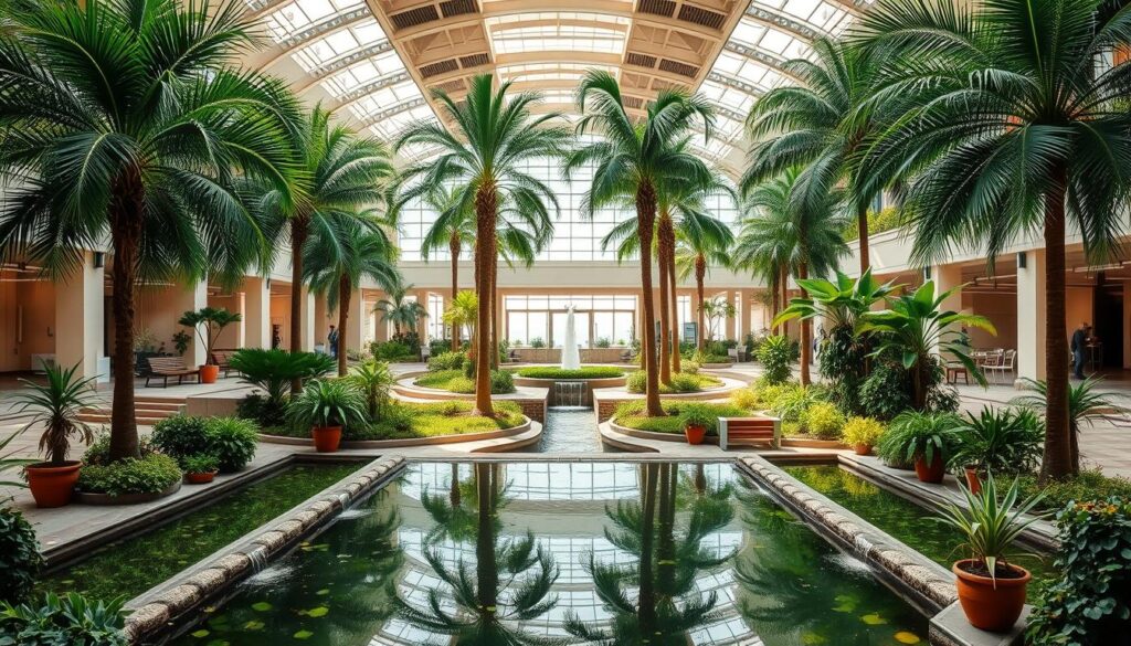 A lush, verdant airport terminal with an abundance of natural greenery. The foreground features a serene reflection pool surrounded by potted plants and towering palm trees. The middle ground showcases a well-manicured courtyard with winding pathways, benches, and cascading waterfalls. The background depicts a spacious, sun-drenched atrium with large windows, allowing natural light to flood the space. The overall atmosphere is one of tranquility and relaxation, creating a welcoming oasis for weary travelers. The scene is captured with a wide-angle lens, emphasizing the expansive, airy feel of the green spaces. The lighting is soft and diffused, creating a calming, harmonious ambiance.