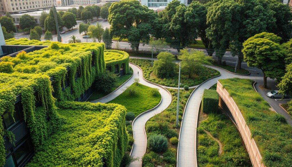A lush, verdant cityscape showcasing innovative green infrastructure initiatives. In the foreground, vibrant vegetated roofs and walls adorn modern buildings, their facades adorned with cascading greenery. In the middle ground, pedestrian pathways wind through a network of bioswales and rain gardens, managing stormwater runoff and enhancing urban biodiversity. The background features towering urban trees, their canopies providing shade and filtering air pollution. Warm, diffused lighting illuminates the scene, capturing the harmony between nature and the built environment. A drone's-eye perspective offers a comprehensive view of this resilient, eco-friendly urban landscape.